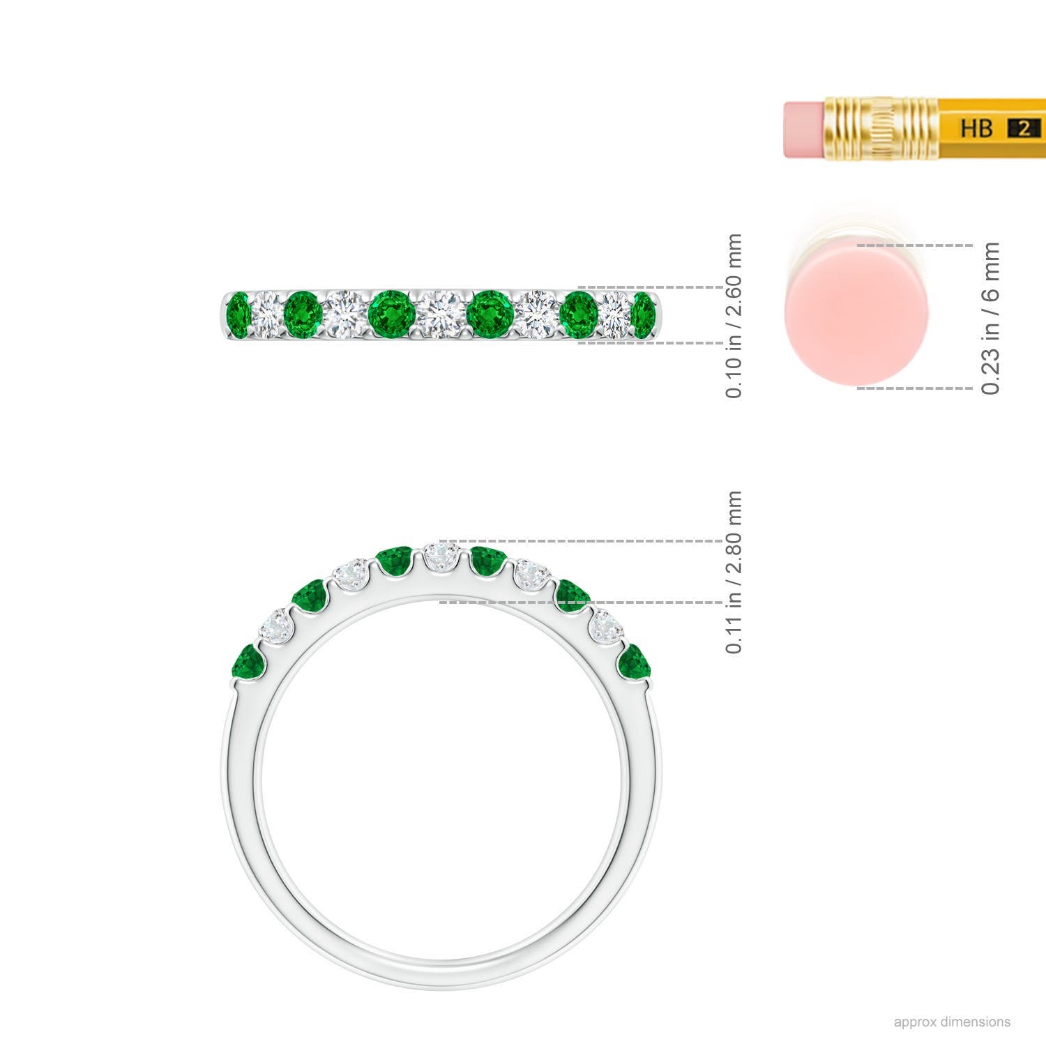 2.1mm AAAA Shared Prong Emerald and Diamond Half Eternity Ring in White Gold - ruler