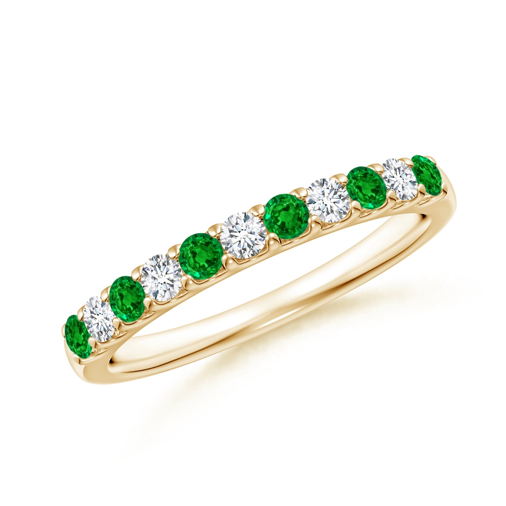 2.1mm AAAA Shared Prong Emerald and Diamond Half Eternity Band in Yellow Gold