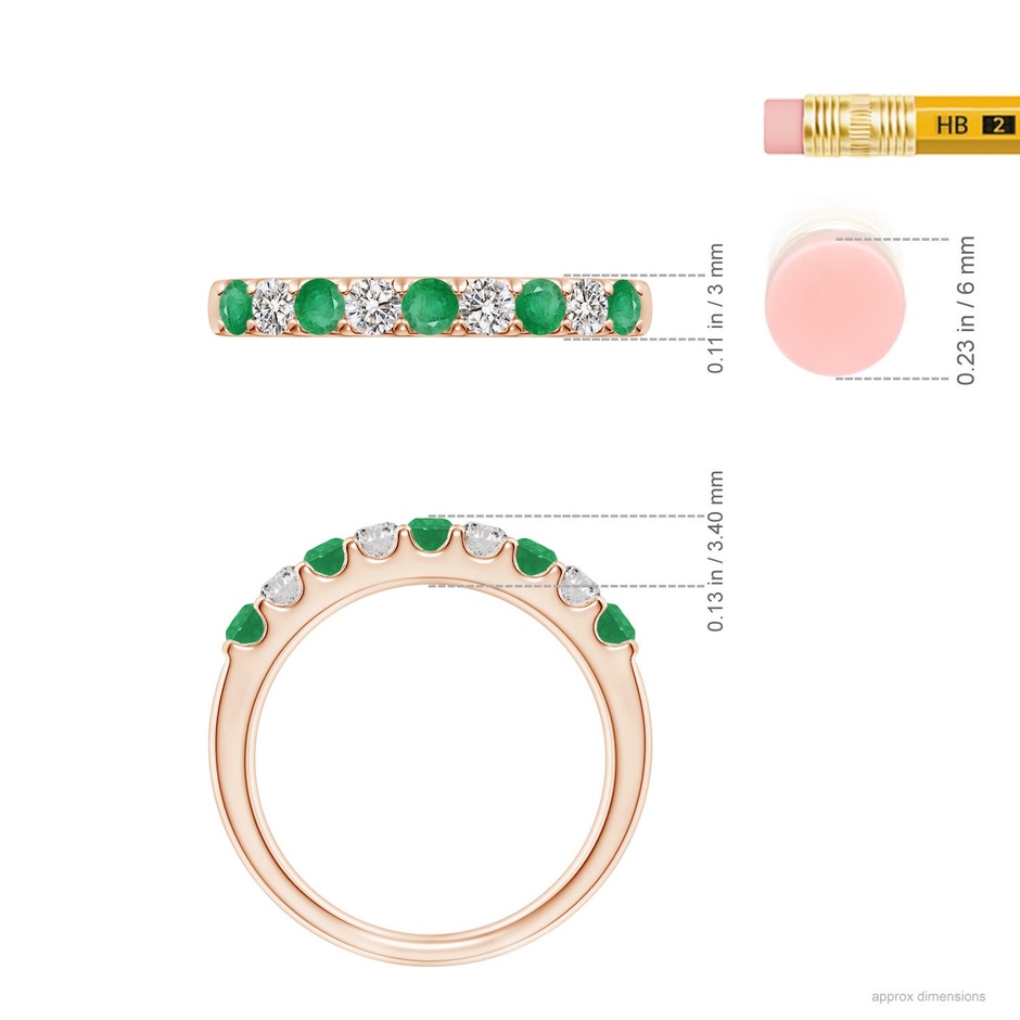 2.5mm A Shared Prong Emerald and Diamond Half Eternity Ring in Rose Gold ruler