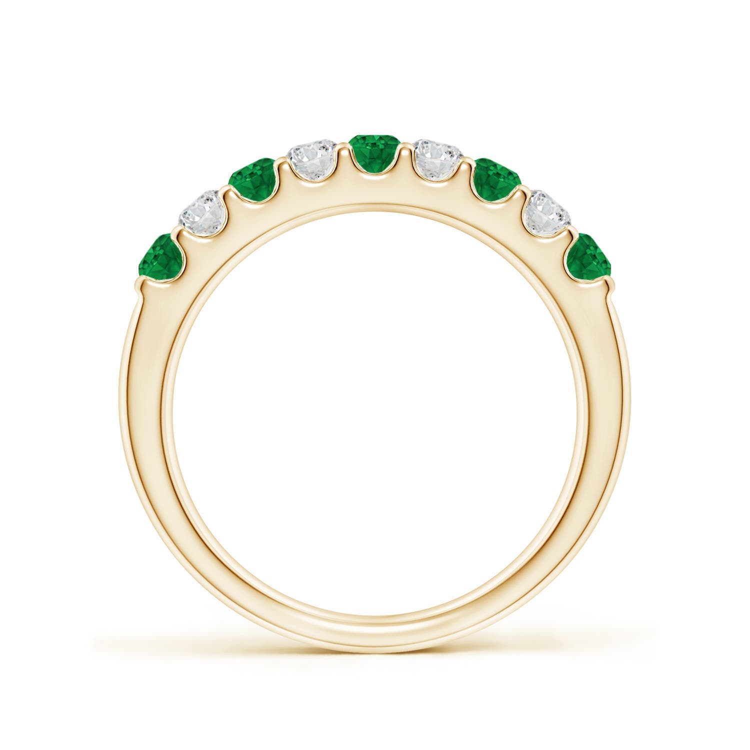 2.5mm AAA Shared Prong Emerald and Diamond Half Eternity Ring in Yellow Gold