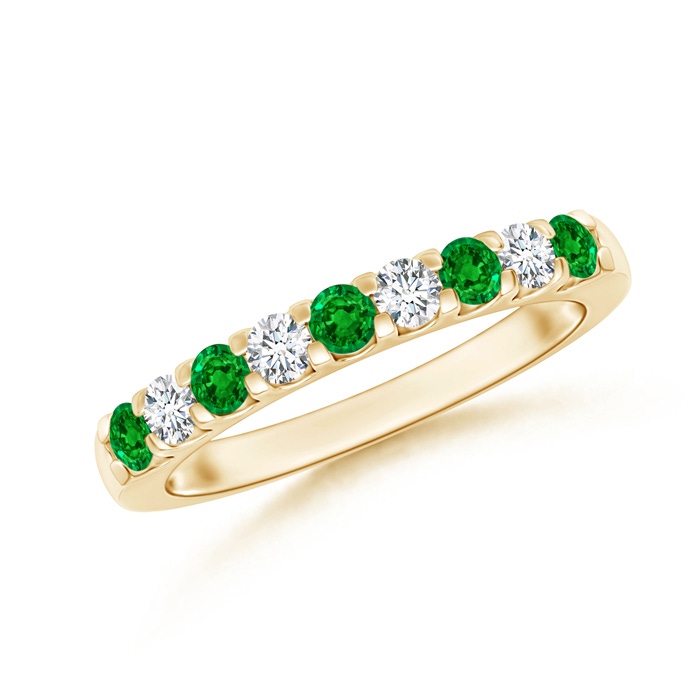 2.5mm AAAA Shared Prong Emerald and Diamond Half Eternity Band in 10K Yellow Gold