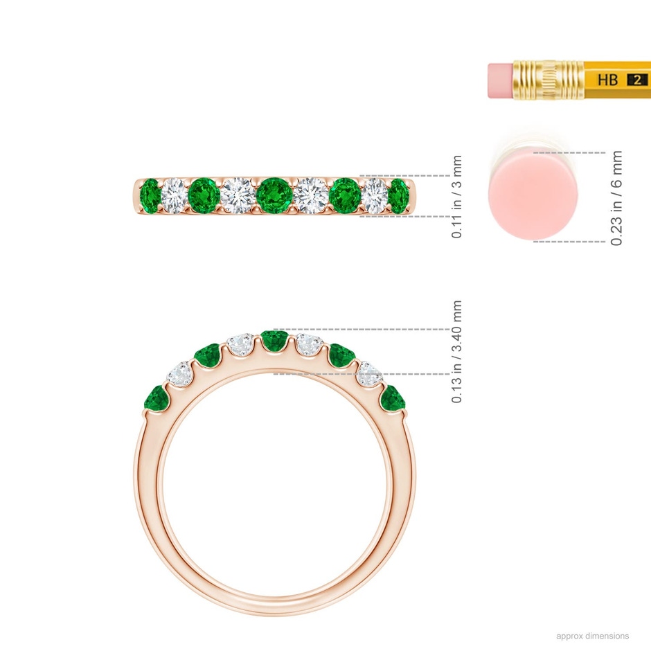 2.5mm AAAA Shared Prong Emerald and Diamond Half Eternity Ring in Rose Gold ruler