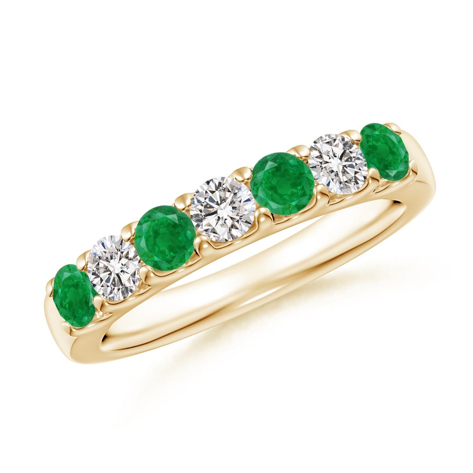 3.1mm AA Shared Prong Emerald and Diamond Half Eternity Ring in Yellow Gold 