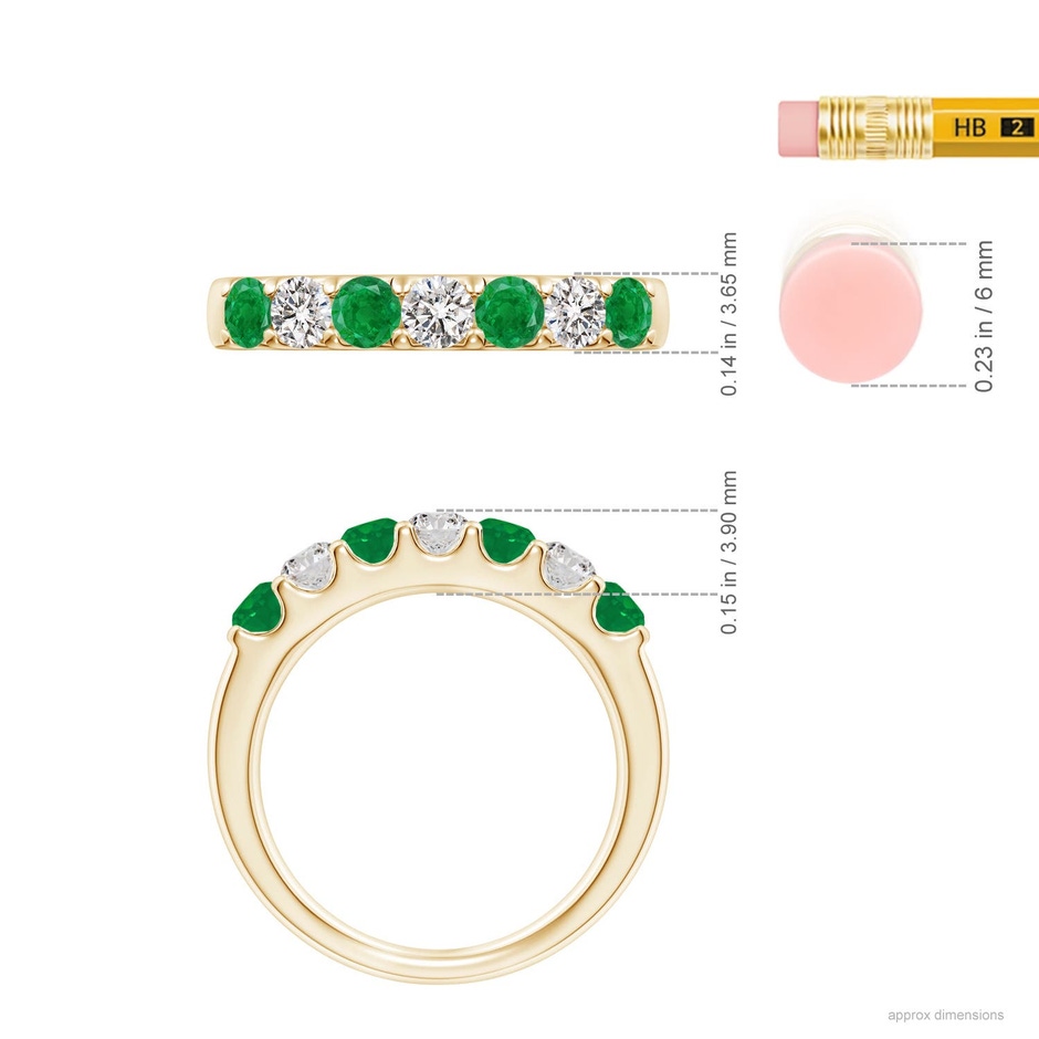 3.1mm AA Shared Prong Emerald and Diamond Half Eternity Ring in Yellow Gold ruler