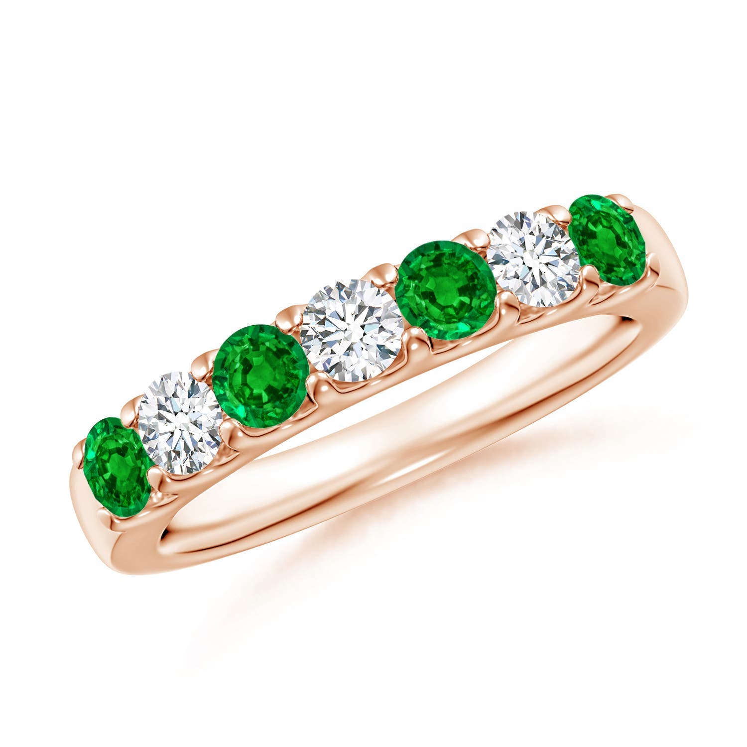 3.1mm AAAA Shared Prong Emerald and Diamond Half Eternity Ring in 18K Rose Gold