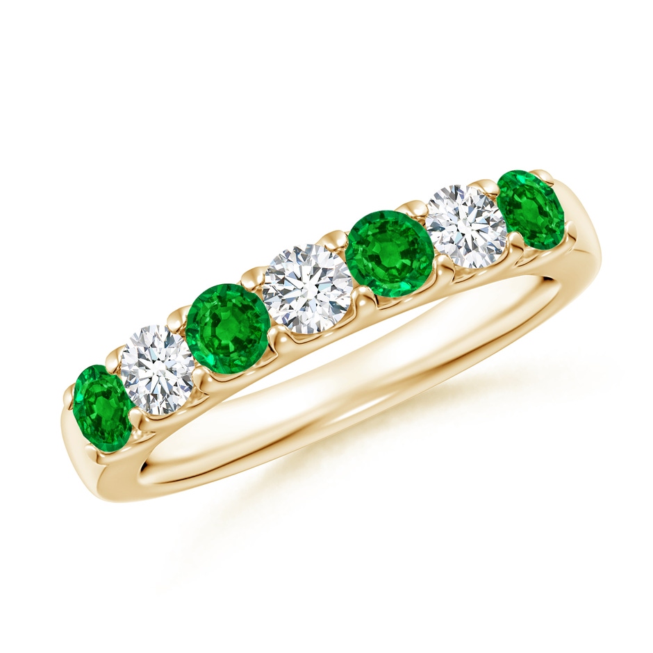 3.1mm AAAA Shared Prong Emerald and Diamond Half Eternity Band in Yellow Gold 