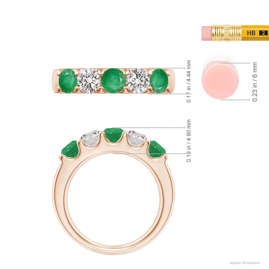 4.2mm A Shared Prong Emerald and Diamond Half Eternity Ring in Rose Gold ruler