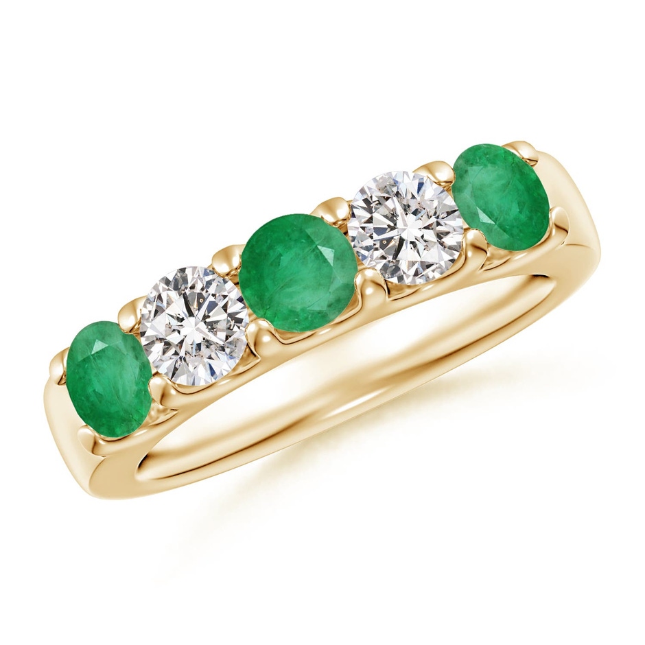 4.2mm A Shared Prong Emerald and Diamond Half Eternity Ring in Yellow Gold 