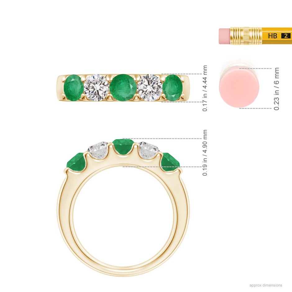 4.2mm A Shared Prong Emerald and Diamond Half Eternity Ring in Yellow Gold ruler