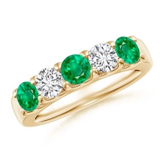 4.2mm AAA Shared Prong Emerald and Diamond Half Eternity Band in Yellow Gold