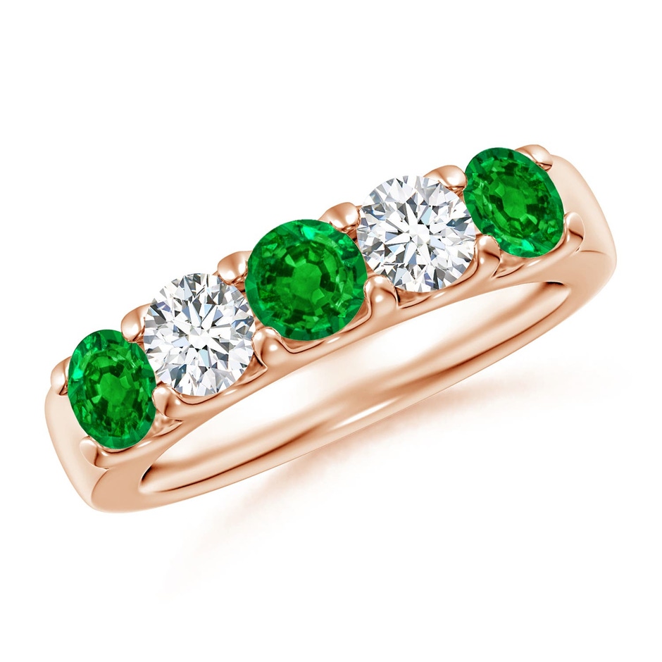 4.2mm AAAA Shared Prong Emerald and Diamond Half Eternity Ring in 18K Rose Gold 