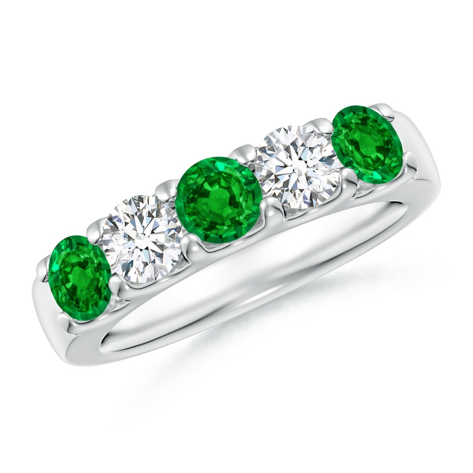 4.2mm AAAA Shared Prong Emerald and Diamond Half Eternity Ring in 18K White Gold 