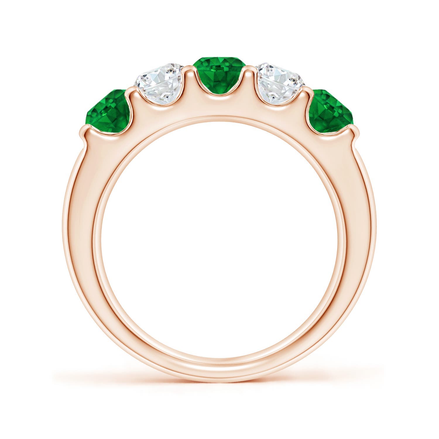 4.2mm AAAA Shared Prong Emerald and Diamond Half Eternity Ring in Rose Gold