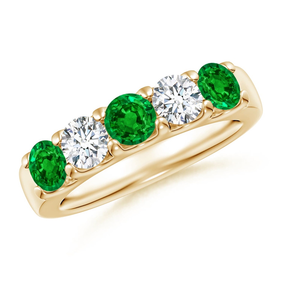 4.2mm AAAA Shared Prong Emerald and Diamond Half Eternity Ring in Yellow Gold 