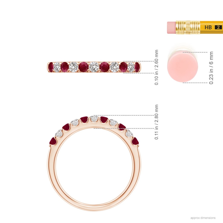 2.1mm A Shared Prong Ruby and Diamond Half Eternity Ring in Rose Gold ruler