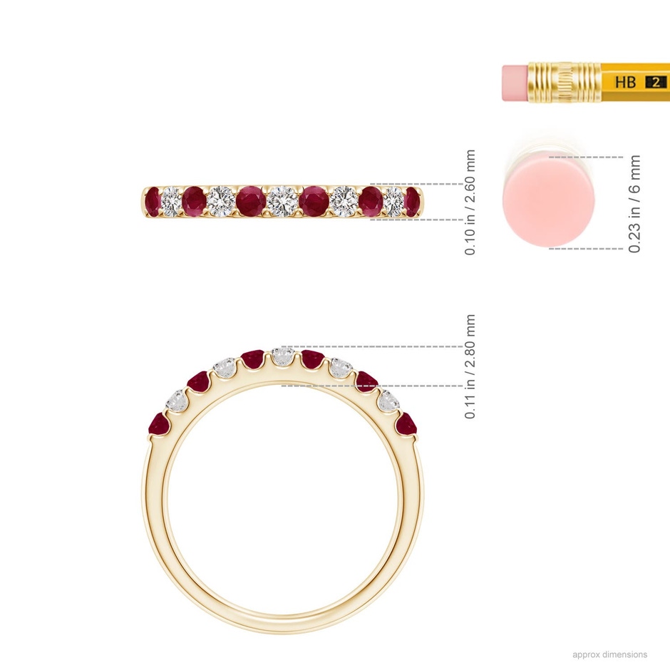 2.1mm A Shared Prong Ruby and Diamond Half Eternity Ring in Yellow Gold ruler