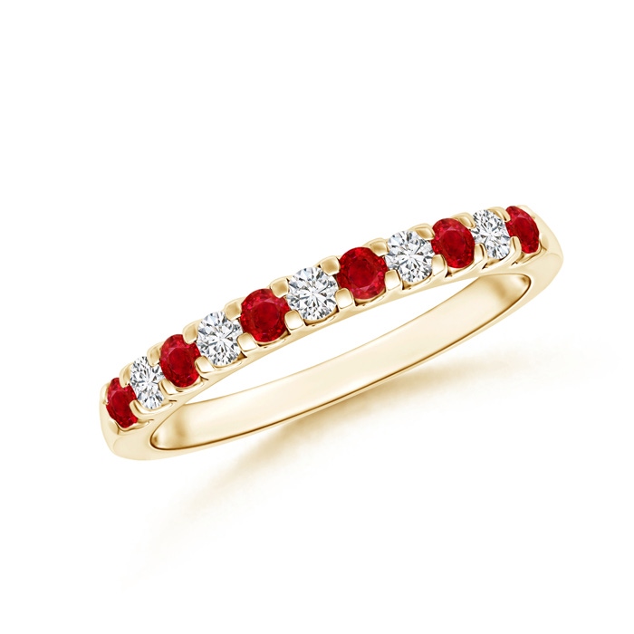 2.1mm AAA Shared Prong Ruby and Diamond Half Eternity Band in 9K Yellow Gold