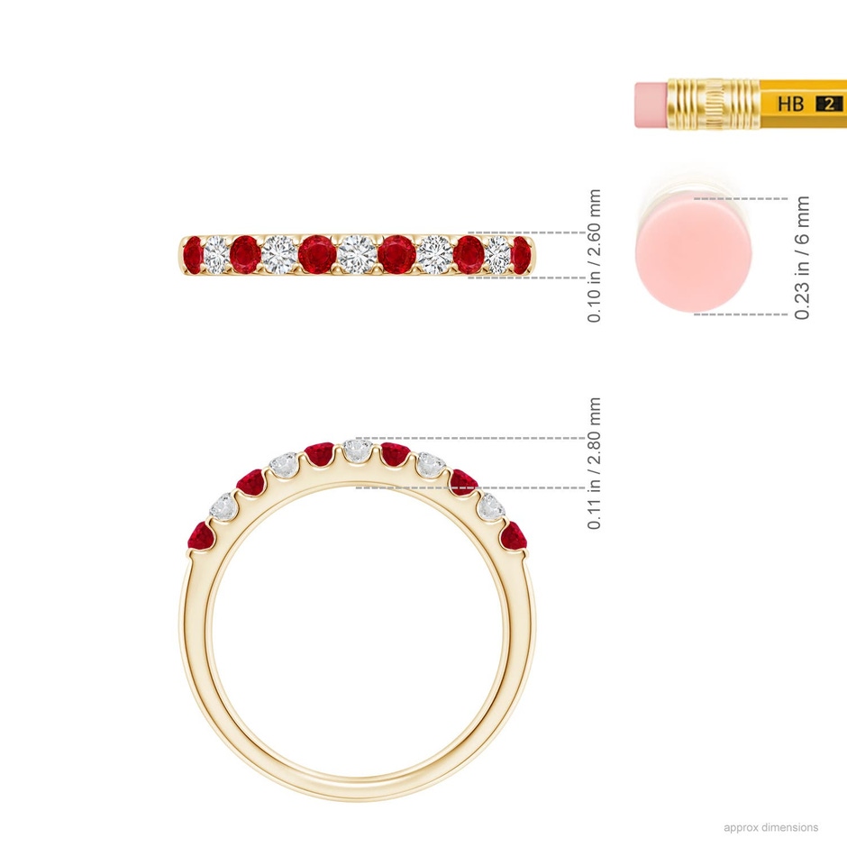 2.1mm AAA Shared Prong Ruby and Diamond Half Eternity Ring in 9K Yellow Gold ruler