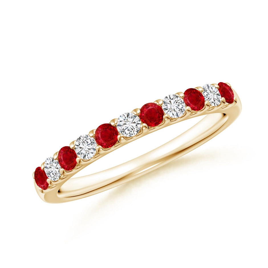 2.1mm AAA Shared Prong Ruby and Diamond Half Eternity Ring in Yellow Gold 