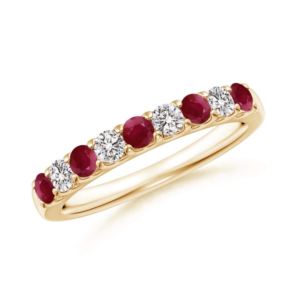 2.5mm A Shared Prong Ruby and Diamond Half Eternity Ring in Yellow Gold 