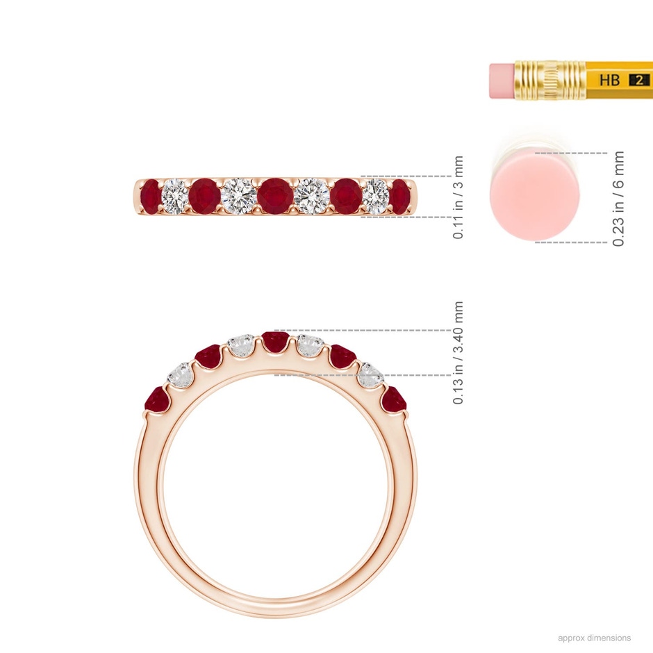 2.5mm AA Shared Prong Ruby and Diamond Half Eternity Ring in Rose Gold ruler