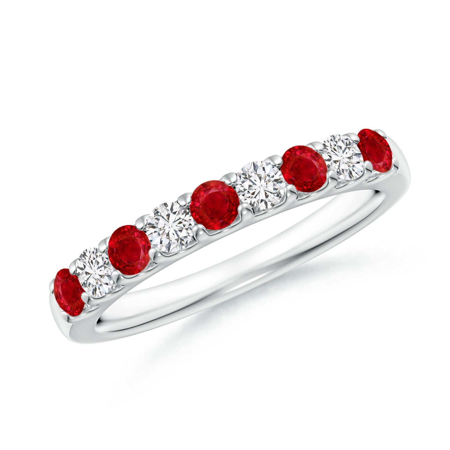 2.5mm AAA Shared Prong Ruby and Diamond Half Eternity Ring in 18K White Gold