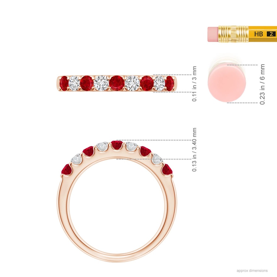 2.5mm AAA Shared Prong Ruby and Diamond Half Eternity Ring in Rose Gold ruler