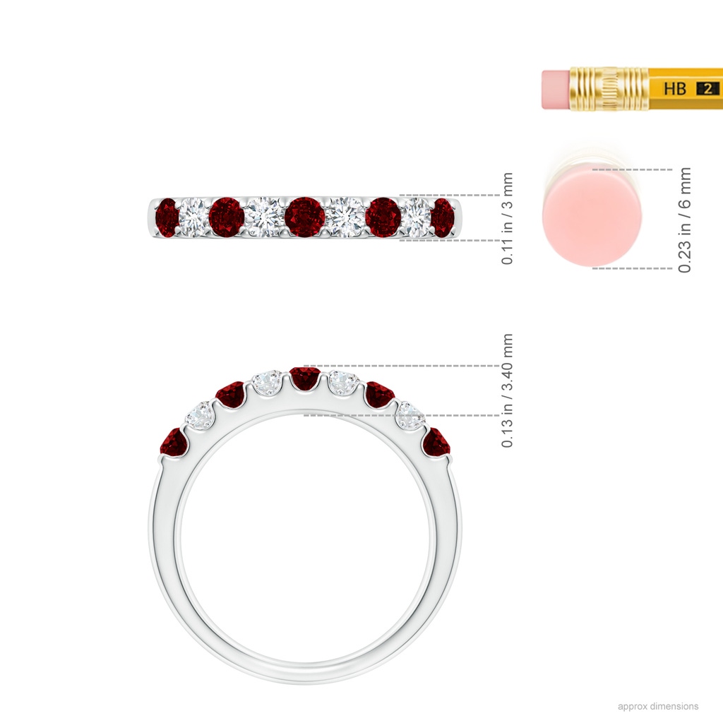 2.5mm AAAA Shared Prong Ruby and Diamond Half Eternity Band in White Gold Ruler