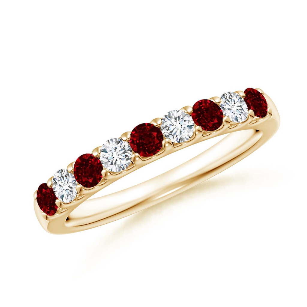 2.5mm AAAA Shared Prong Ruby and Diamond Half Eternity Ring in Yellow Gold