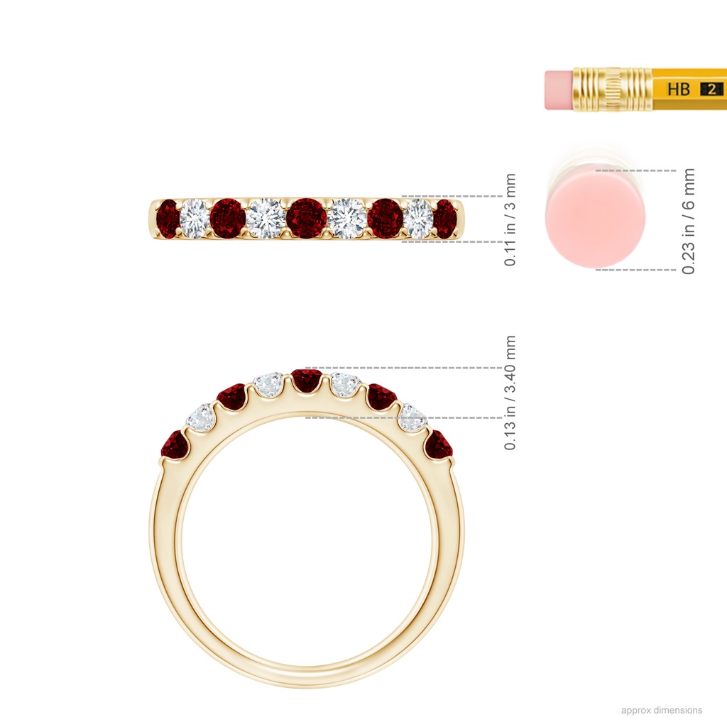 2.5mm AAAA Shared Prong Ruby and Diamond Half Eternity Band in Yellow Gold Ruler