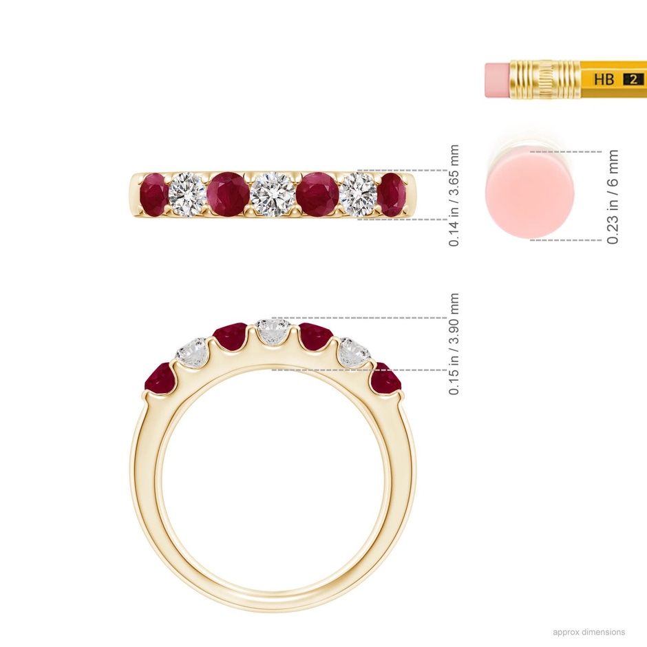 3.1mm A Shared Prong Ruby and Diamond Half Eternity Ring in Yellow Gold ruler