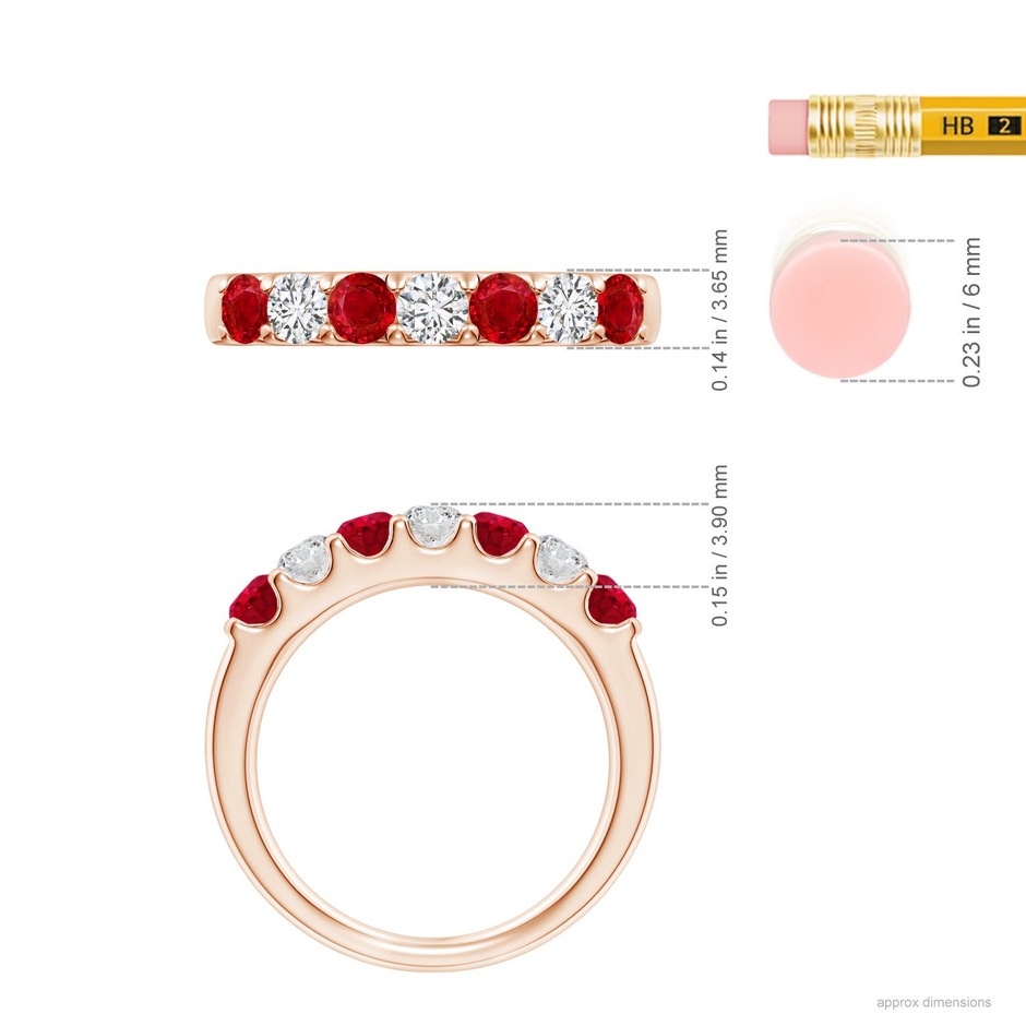 3.1mm AAA Shared Prong Ruby and Diamond Half Eternity Ring in Rose Gold ruler