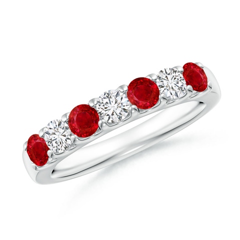3.1mm AAA Shared Prong Ruby and Diamond Half Eternity Ring in White Gold