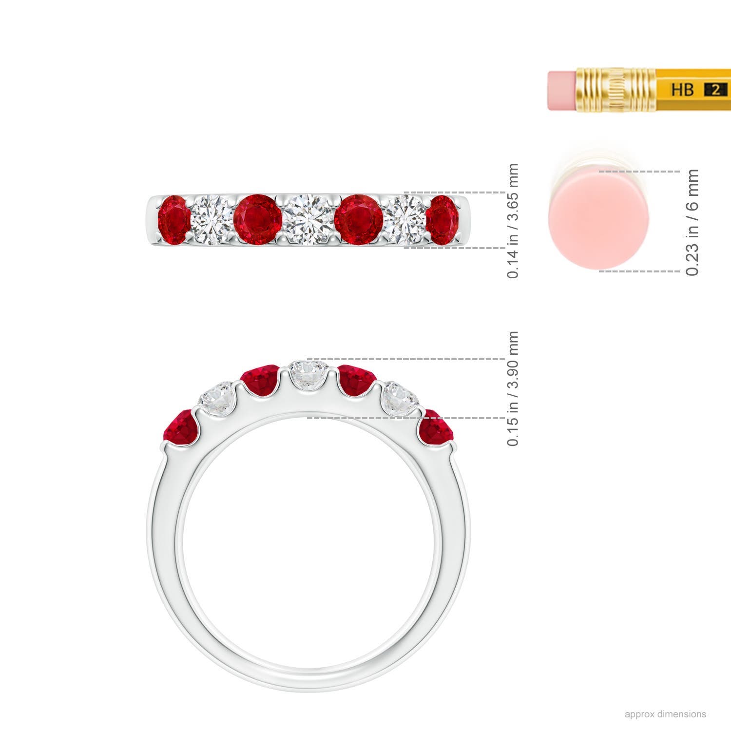 3.1mm AAA Shared Prong Ruby and Diamond Half Eternity Ring in White Gold - ruler