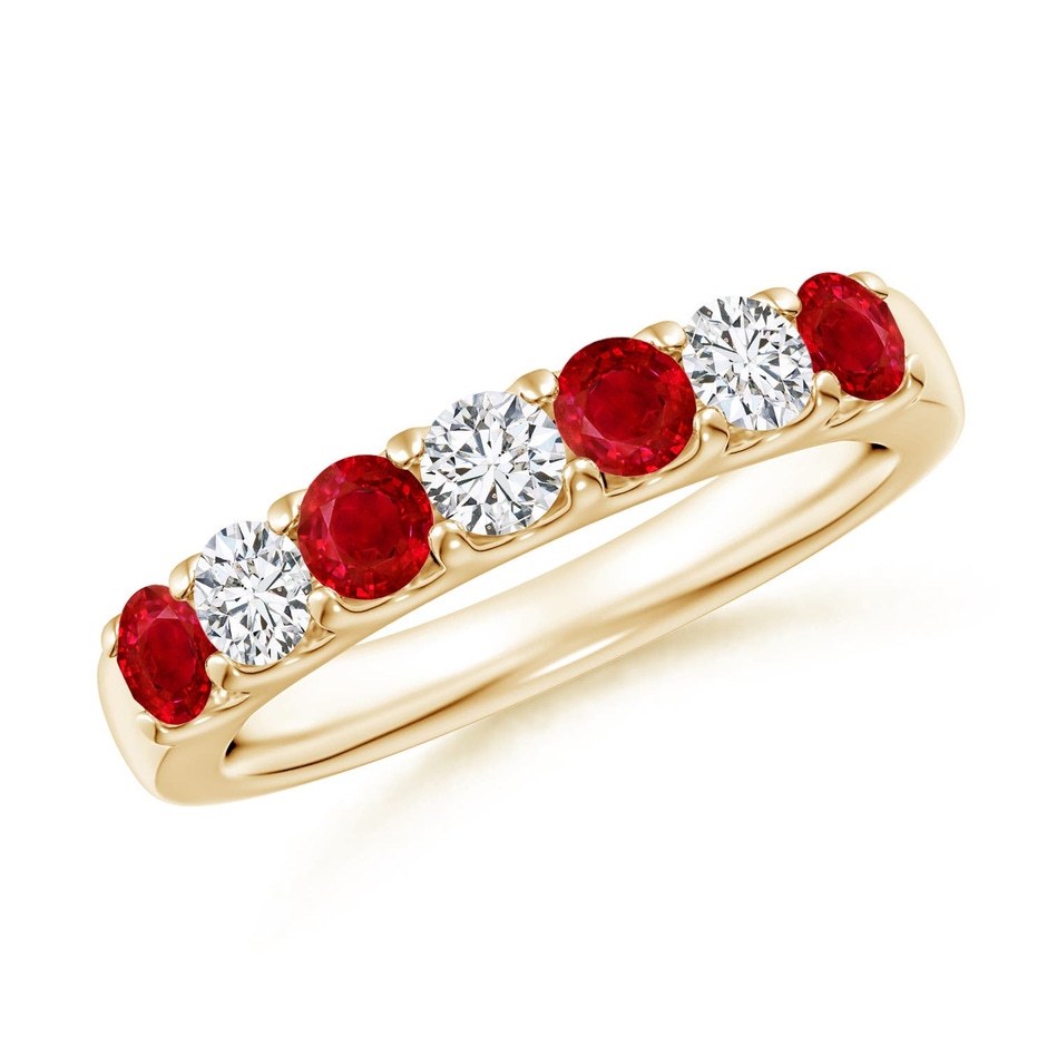 3.1mm AAA Shared Prong Ruby and Diamond Half Eternity Ring in Yellow Gold 