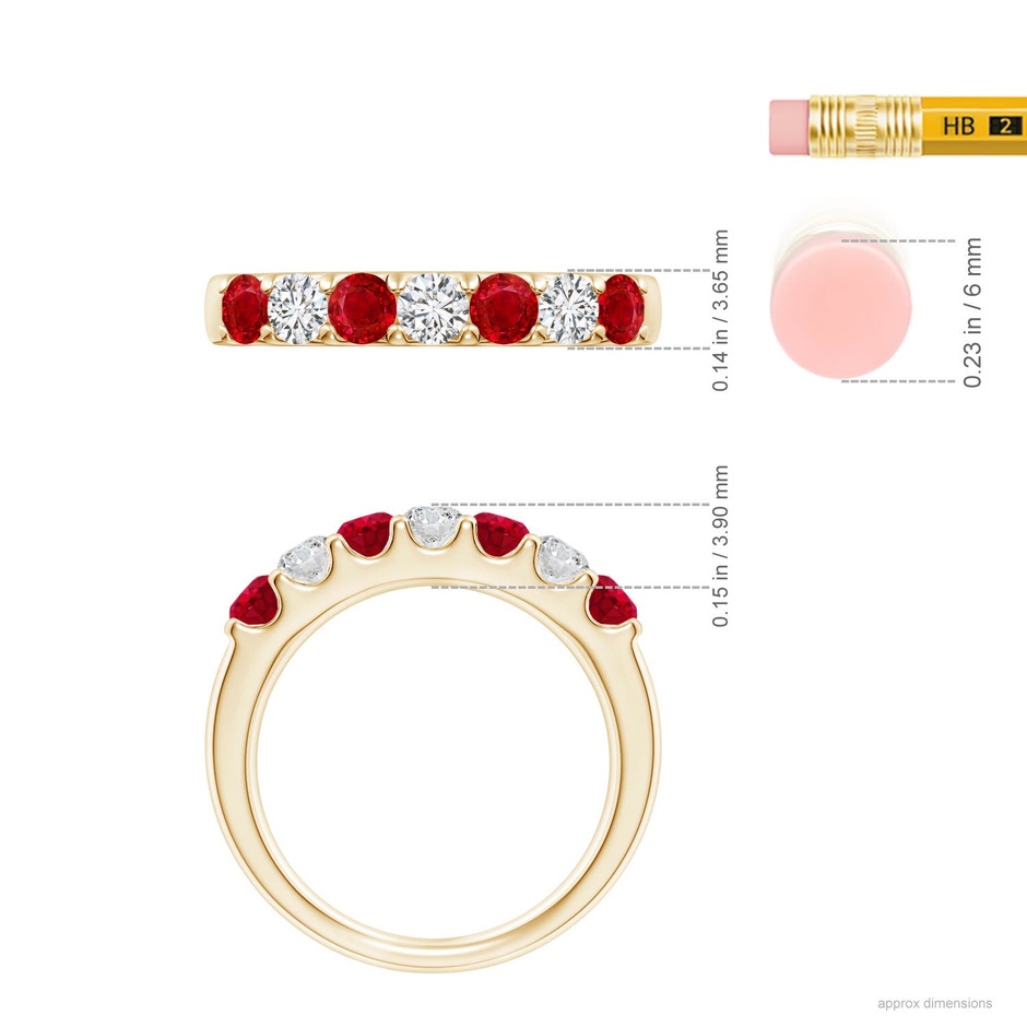 3.1mm AAA Shared Prong Ruby and Diamond Half Eternity Ring in Yellow Gold ruler