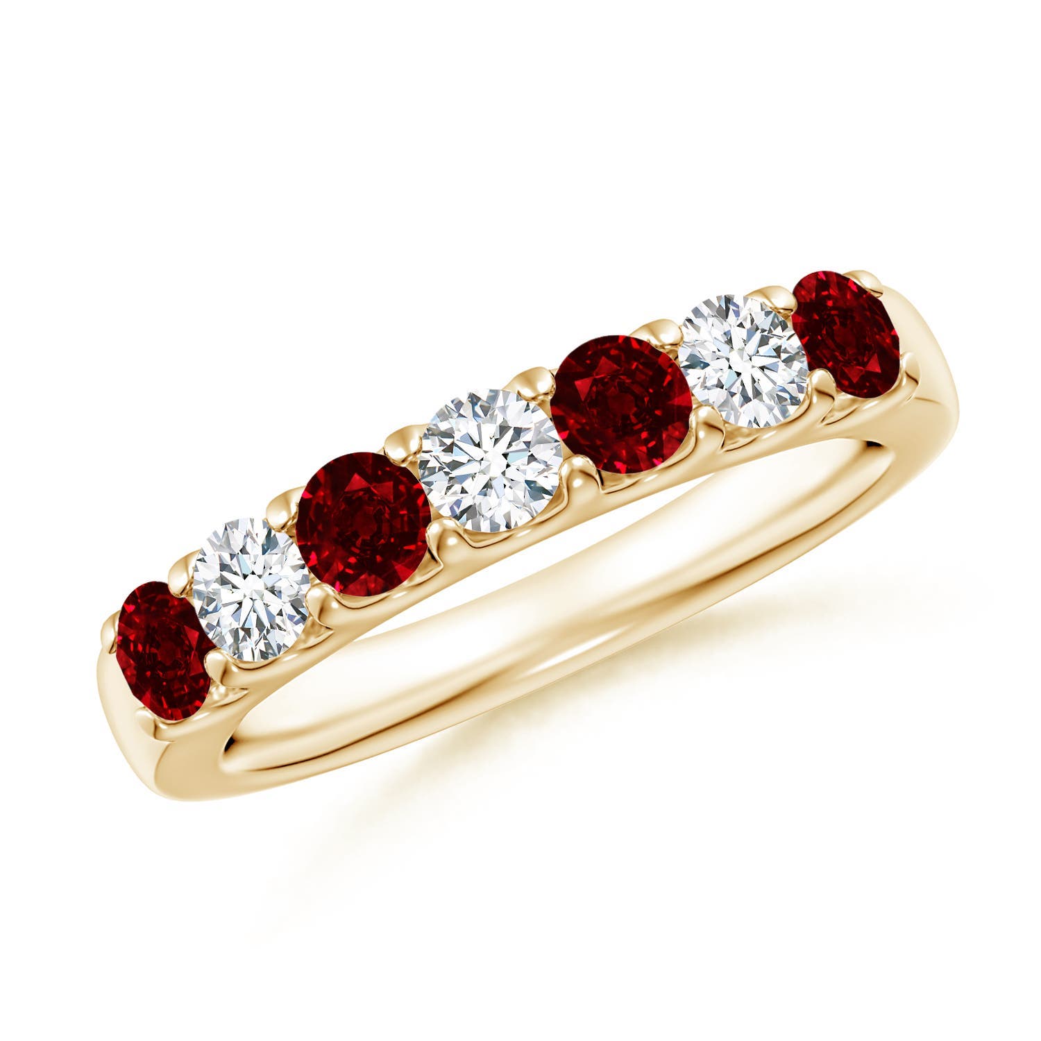 3.1mm AAAA Shared Prong Ruby and Diamond Half Eternity Ring in 18K Yellow Gold