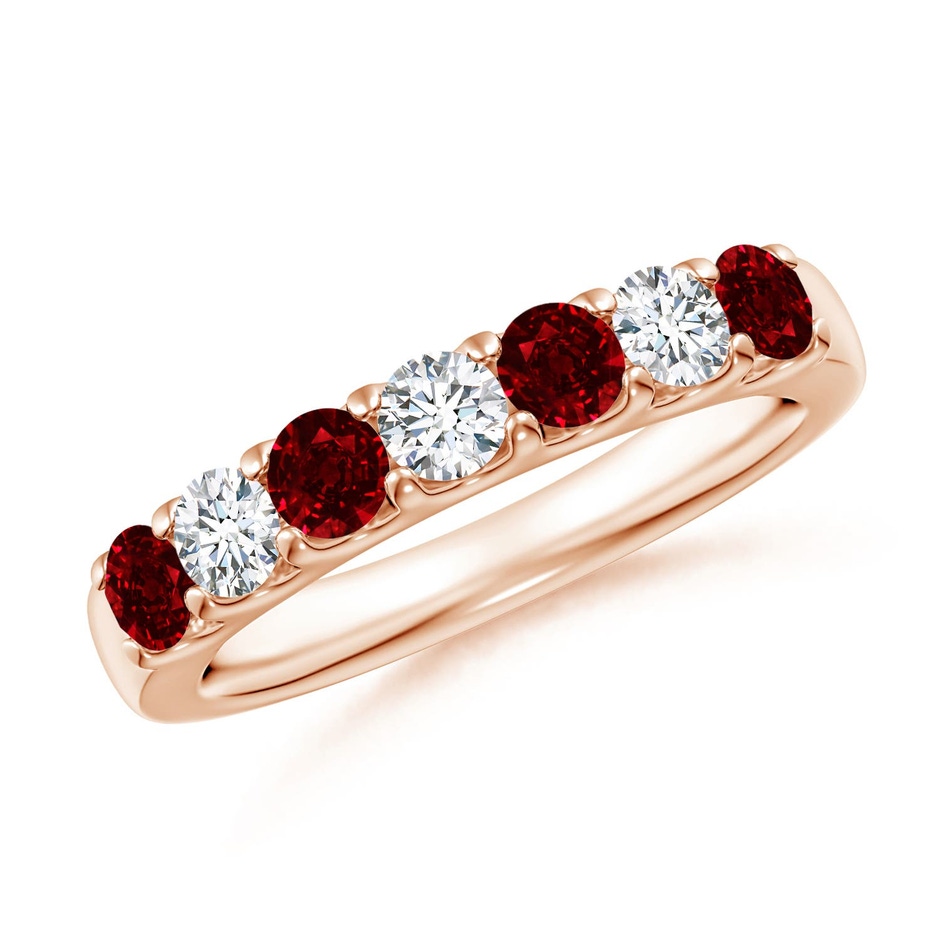 3.1mm AAAA Shared Prong Ruby and Diamond Half Eternity Ring in Rose Gold 