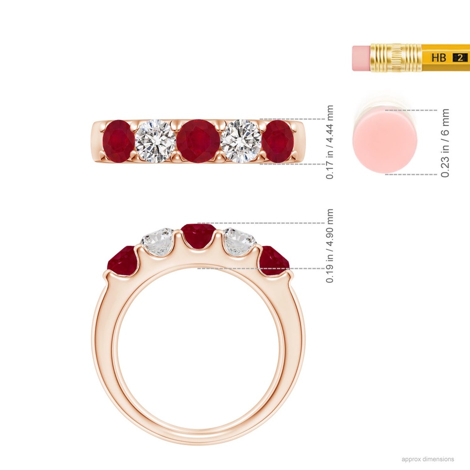4.2mm AA Shared Prong Ruby and Diamond Half Eternity Ring in Rose Gold ruler