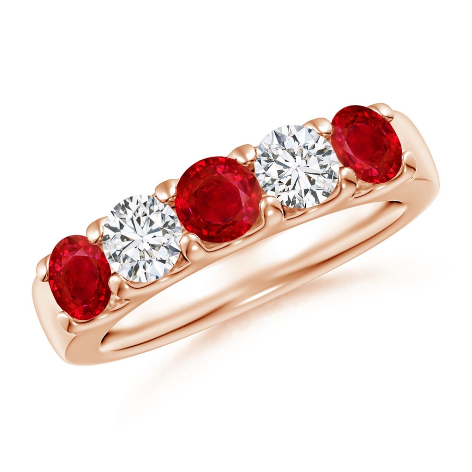 4.2mm AAA Shared Prong Ruby and Diamond Half Eternity Ring in Rose Gold 