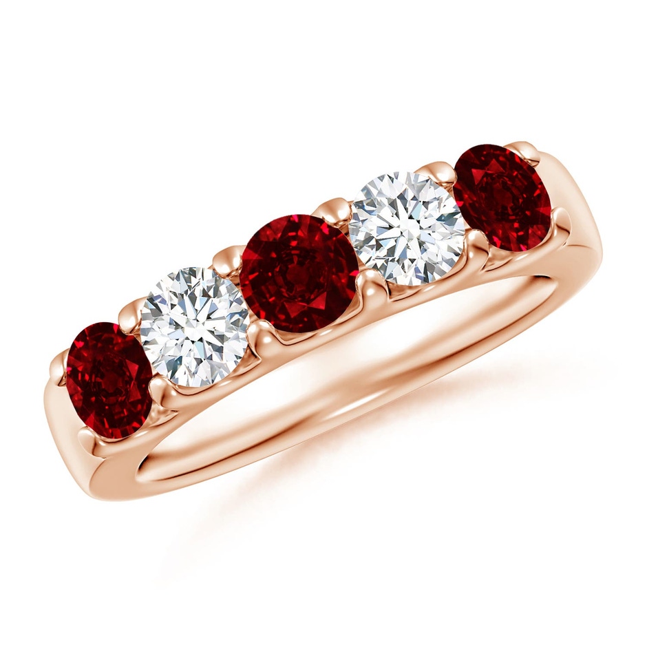 4.2mm AAAA Shared Prong Ruby and Diamond Half Eternity Ring in 18K Rose Gold 