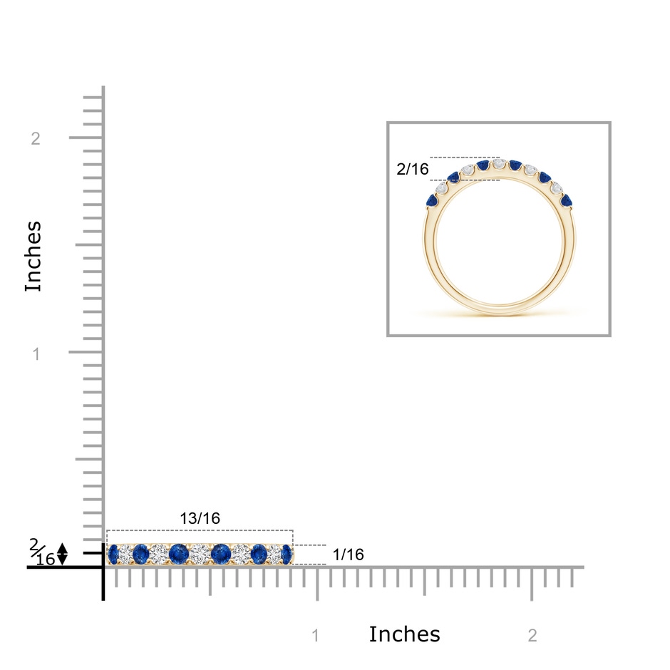 2.1mm AAA Shared Prong Sapphire and Diamond Half Eternity Band in 9K Yellow Gold ruler