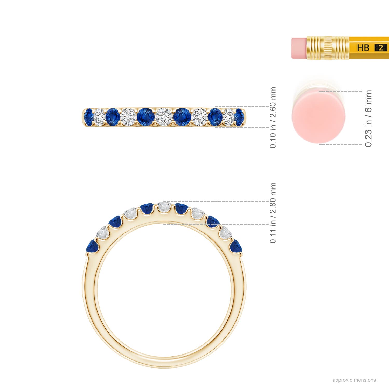 2.1mm AAA Shared Prong Sapphire and Diamond Half Eternity Ring in Yellow Gold - ruler
