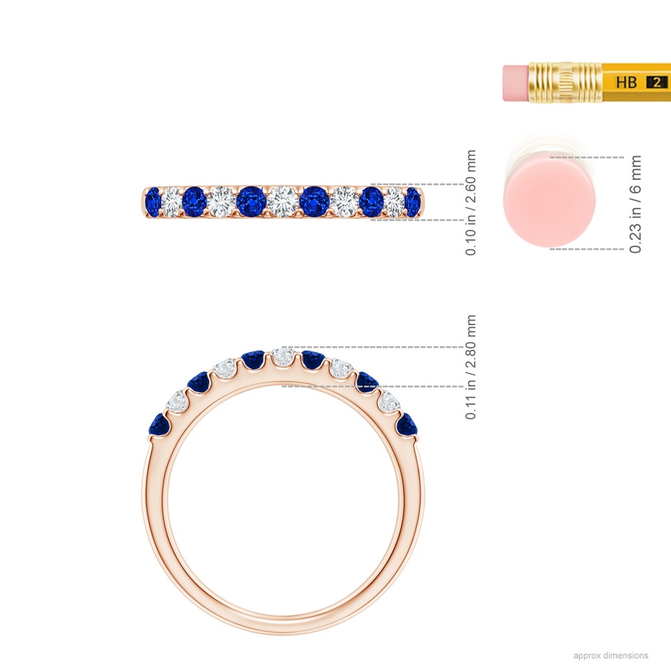2.1mm AAAA Shared Prong Sapphire and Diamond Half Eternity Ring in Rose Gold ruler