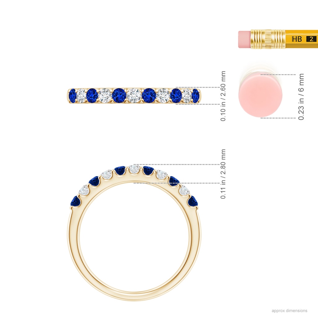 2.1mm AAAA Shared Prong Sapphire and Diamond Half Eternity Band in Yellow Gold Ruler