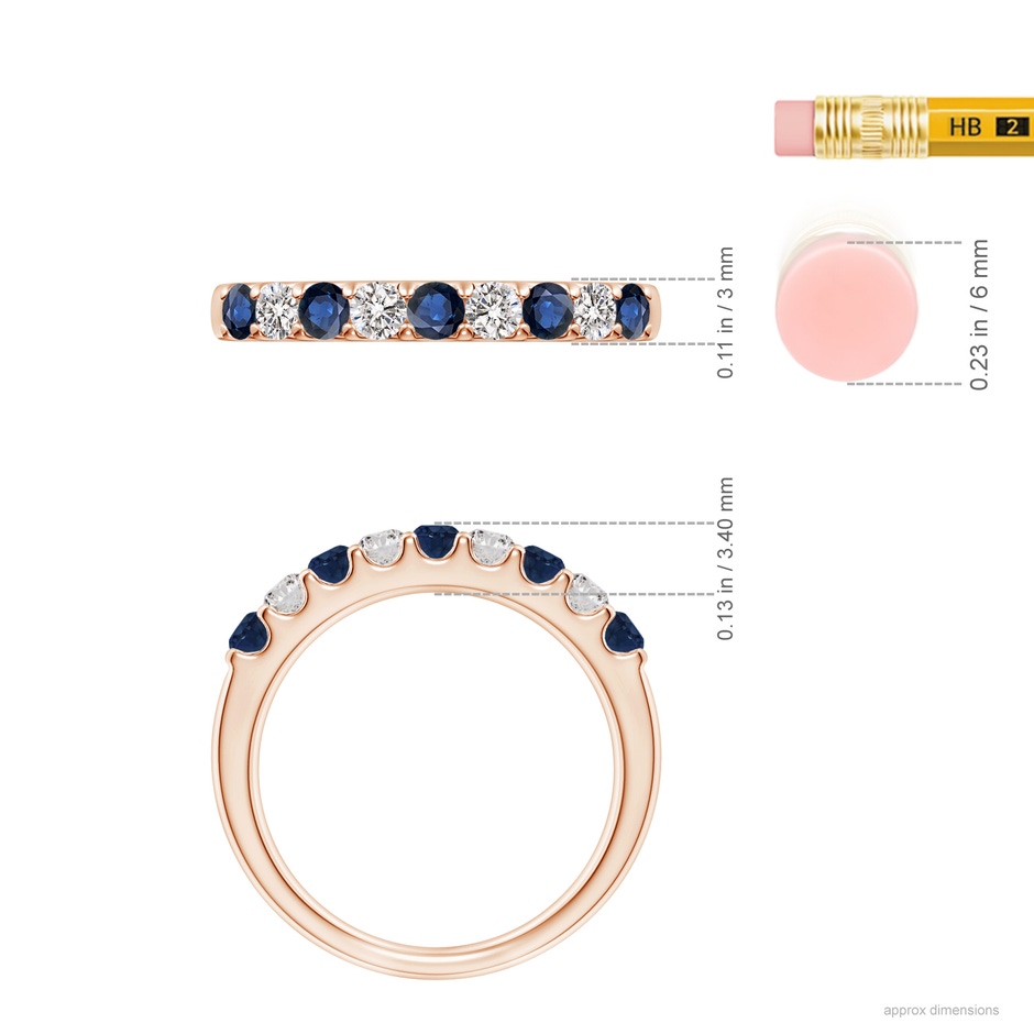 2.5mm AA Shared Prong Sapphire and Diamond Half Eternity Ring in Rose Gold ruler