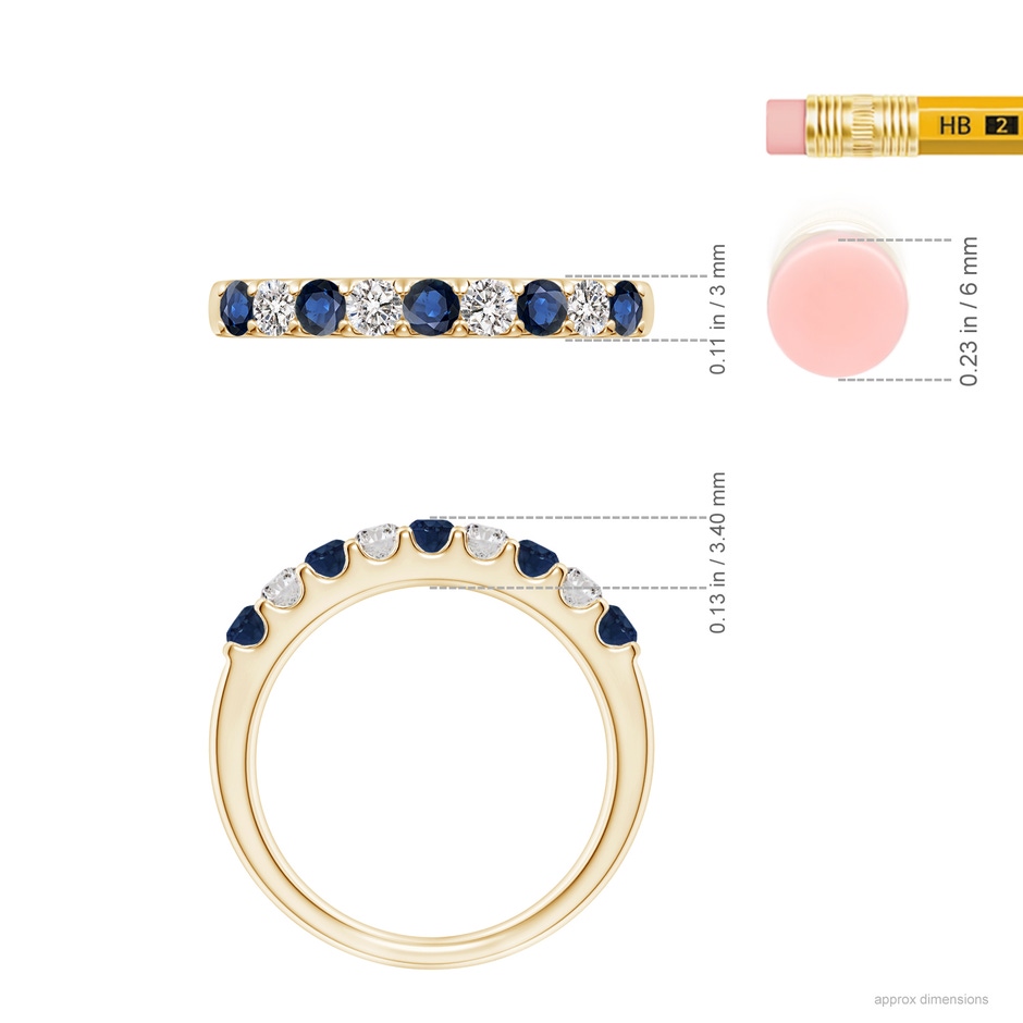 2.5mm AA Shared Prong Sapphire and Diamond Half Eternity Ring in Yellow Gold ruler