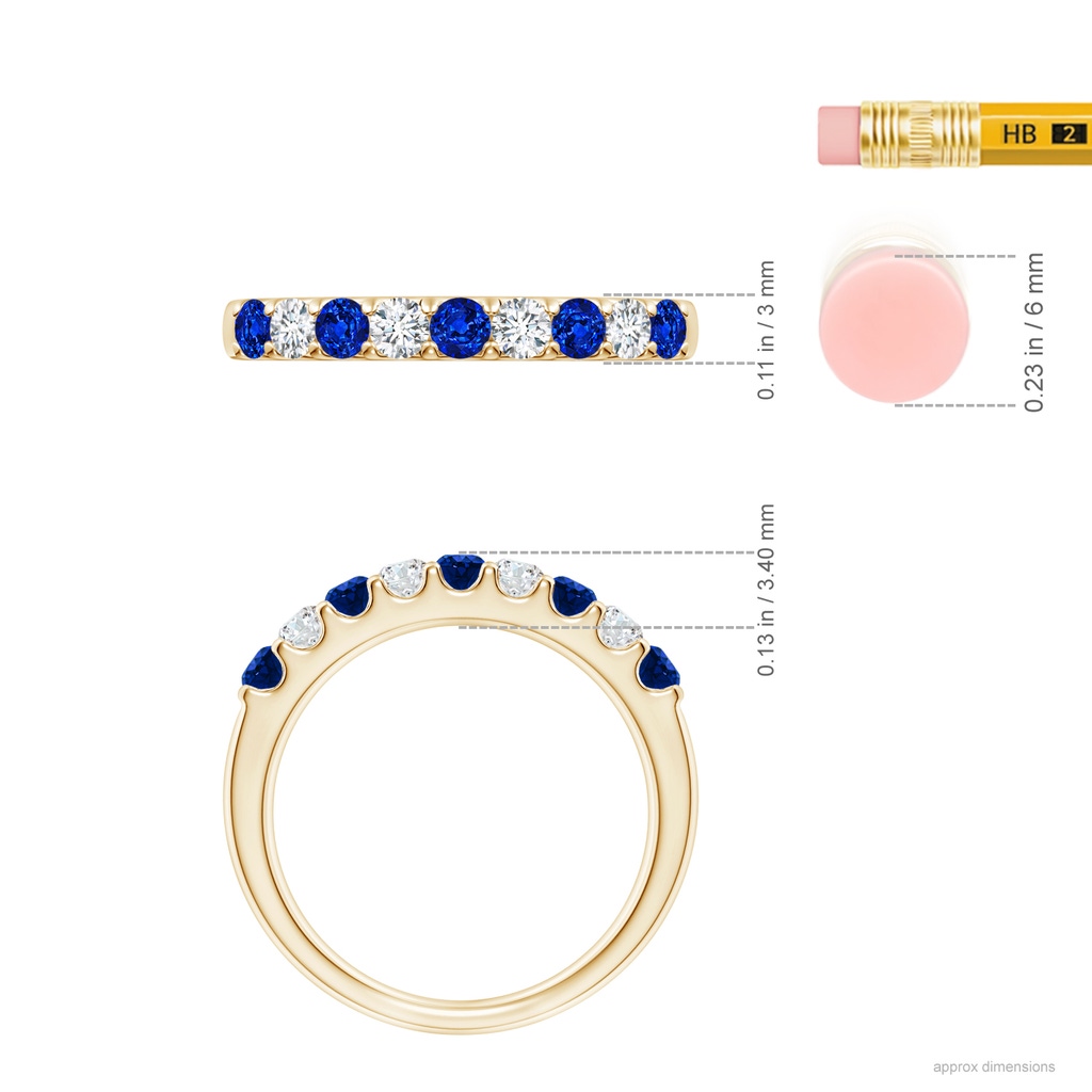 2.5mm AAAA Shared Prong Sapphire and Diamond Half Eternity Band in Yellow Gold Ruler