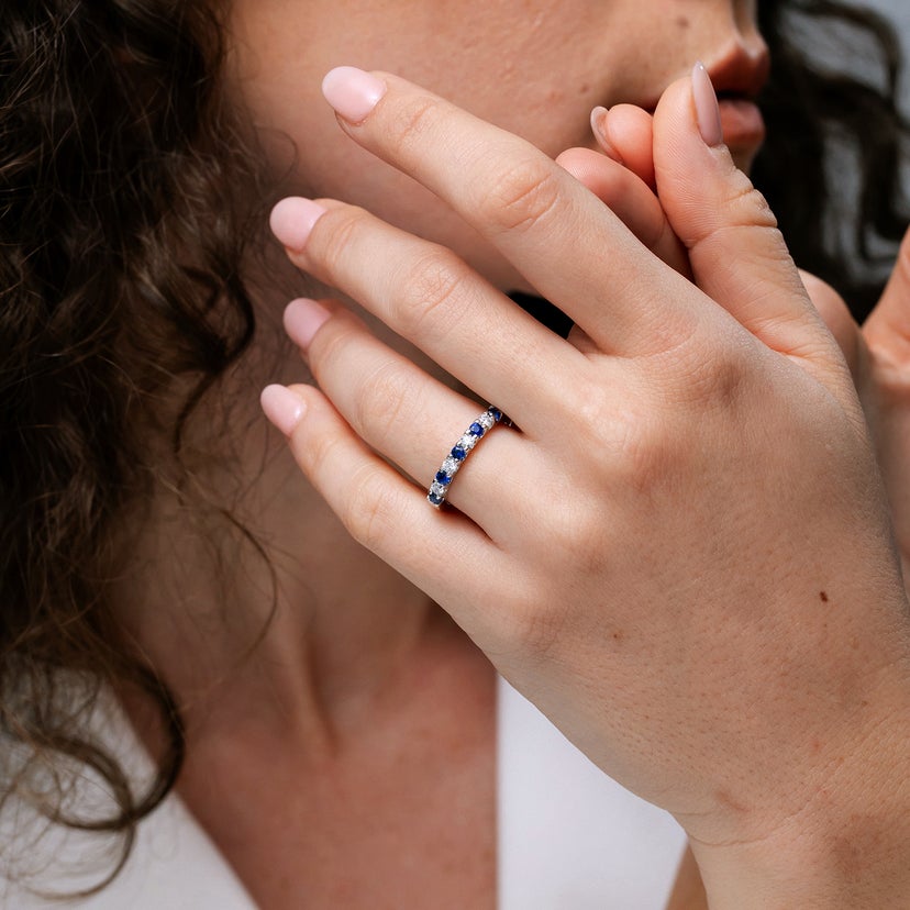 Shared Prong Sapphire and Diamond Half Eternity Ring