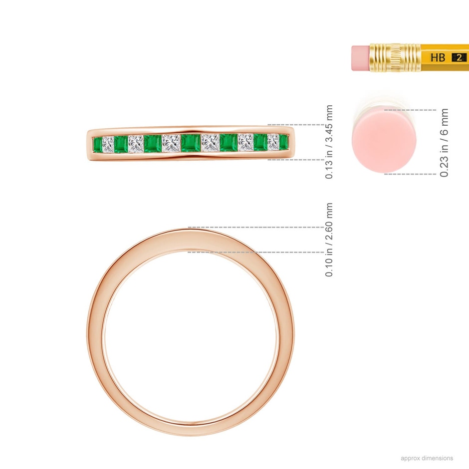 1.8mm AA Channel Square Emerald and Diamond Half Eternity Ring in Rose Gold ruler